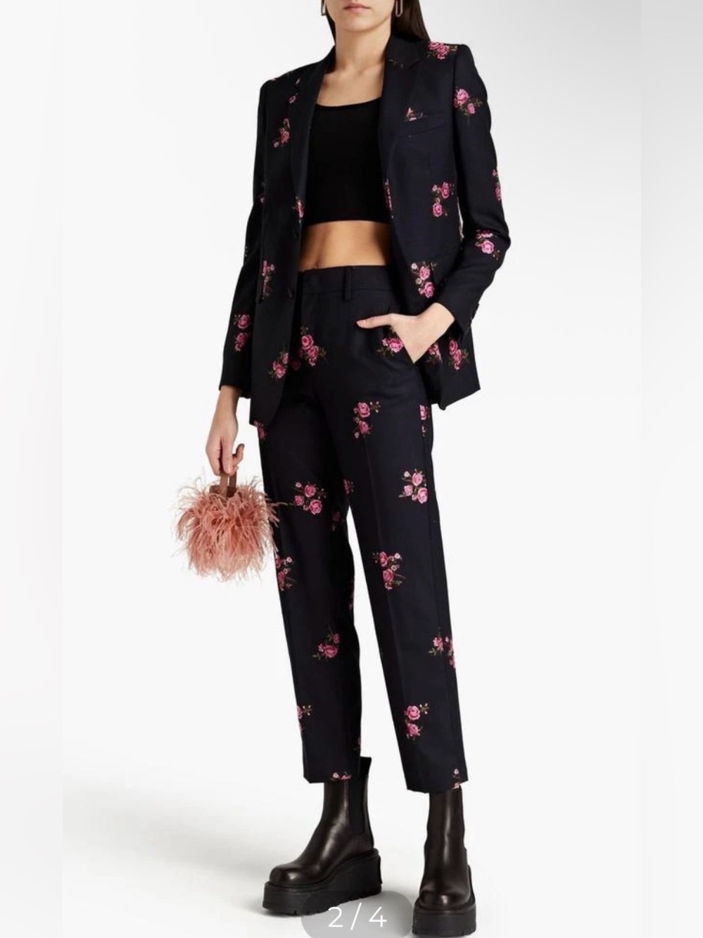 RED Valentino floral-appliquéd wool-blend twill tapered pants in black and pink - Picture 2 of 11